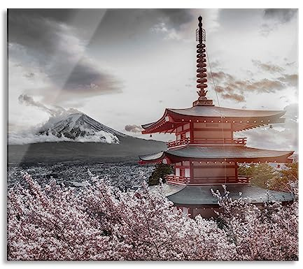 Japanischer Tempel zwischen Kirschblüten B&W Detail Herdabdeckplatte & Spritzschutz aus Echtglas | Für Herd-Kochfelder | 60x52 cm