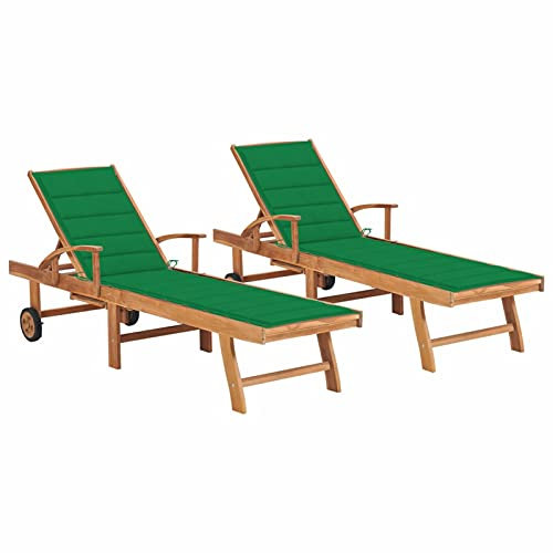 LAPOOH Sonnenliegen 2 STK. mit Grünen Auflagen, Gartenliege, Strandliege, Relaxliege Garten, Saunaliege, Campingliege, Poolliege, Liege Garten, Massivholz Teak