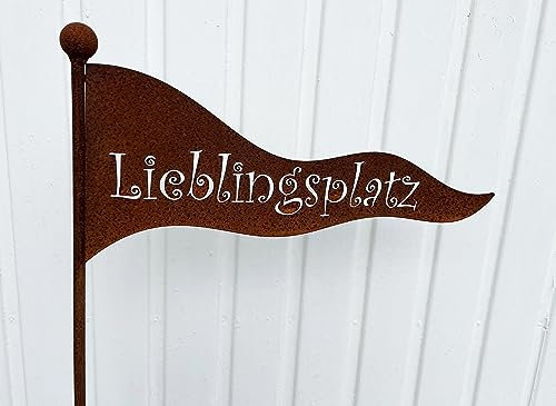 Steinfigurenwelt Gießen Fahne Lieblingsplatz zum Stecken 44x21cm + Stab Edelrost Gartenstecker Gartendeko Rost Tafel Spruchtafel Metall Geschenk