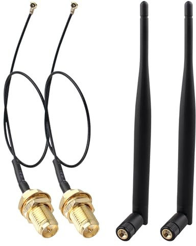 Futheda 2 Piezas Antena WiFi Doble Banda 6dBi RP-SMA Macho MIMO＋15cm IPX U.FL MHF4 a RP-SMA Hembra Cable de Extensión para Tarjeta de Red Inalámbrica Intel M.2 NGFF Adaptador WiFi Portátil