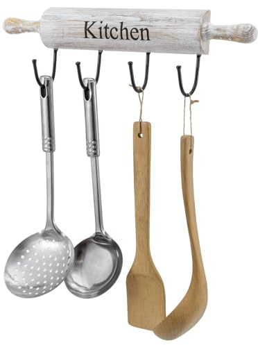 MyGift Wall Mounted Kitchen Utensil Rack, Rustic White Washed Wood Rolling Pin Cooking Tool Hanger with 4 Hooks for Aprons, Dish Towel, Mugs, Spoons