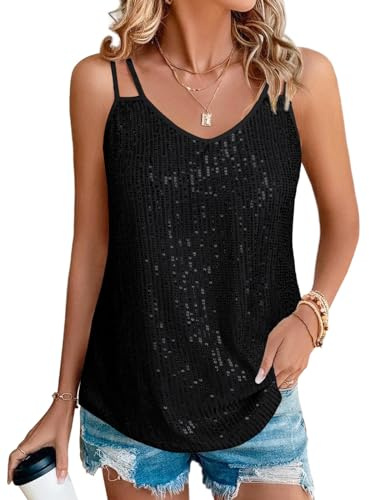 Mixxmix Womens Sequin Top Plus Size V Neck Flowy Tanks Tops Glitter Cami Shirts for Party Holiday Clubwear Black XXL