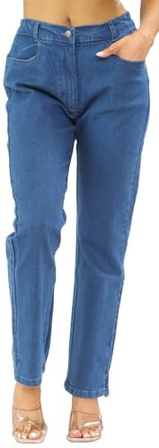 UK Dispatch Womens Side Elastic Waist Jeans Straight Leg Regular Fit 29 Leg,12,Mid Blue
