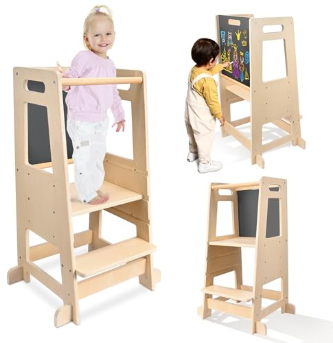 Helangel Lernturm ab 1 Jahr, Montessori Learning Tower, Lernturm mit Tafel, Für Kinder, für Küche Tisch Bad (höhenverstellbar Tragfähigkeit 110lbs Holzfarbe)