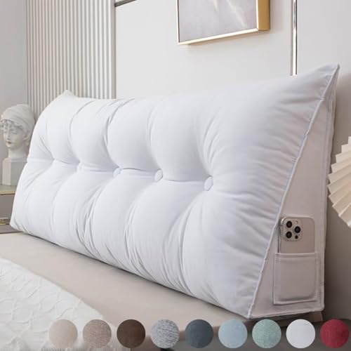 Rückenkissen Bett 180cm Weiß, Leinen Rückenlehne Kissen, Keilkissen Bett kopfteil, Waschbar Abnehmbar Lesekissen für Bett und Sofa, Rückenstützkissen Lendenkissen mit Seitentasche