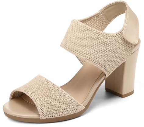 mysoft Women's Chunky Block High Heels Elastic Knit Open Toe Slingback Heeled Sandals
