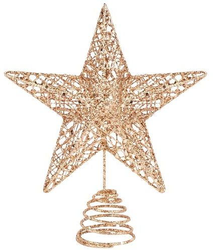 KEYIDO Champagne Glitter Tree Star, Christmas Tree Topper, Large Metal Tree Top Star for Xmas Tree Topper Ornaments Christmas Home Decorations 10 Inch