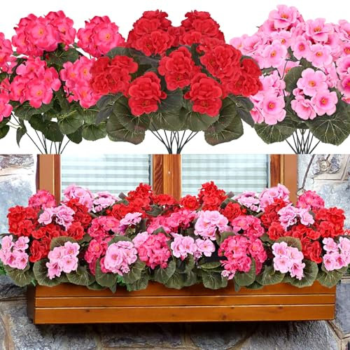 Waipfaru 8 flores artificiales para exteriores, geranios artificiales para exteriores, resistentes a los rayos UV, plantas falsas para exteriores, flores artificiales de seda para decoración de