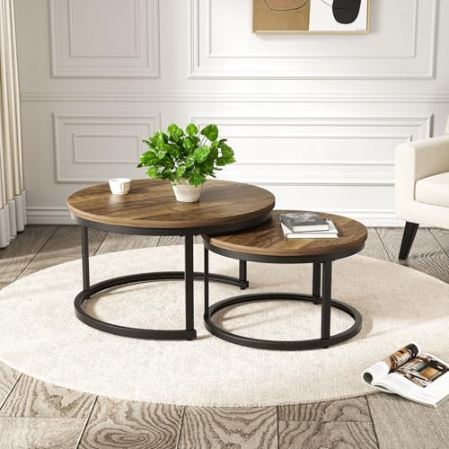 Hawthyhome Coffee Tables, Round Nesting Tables Tet of 2, Modern Side Tables with Metal Frame, Industrial Stacking End Tables for Living Room Bedroom Office, 60 * 60 * 45cm, Brown