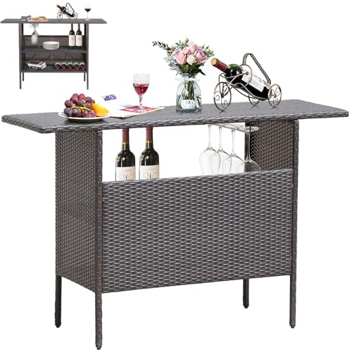 TANGZON 3 Tier Outdoor Bar Table, PE Rattan Garden Table with 2 Metal Mesh Shelves & Glass Holder, Indoor Outdoor Dining Furniture for Bistro Backyard Patio Poolside Balcony, 140 x 47 x 92cm