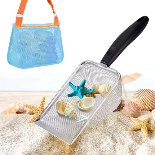 SKIKHN Strand-Netz-Schaufel, Edelstahl Strand Mesh Schaufel mit Netz-Strandtasche, Strandspielzeug Kinder, Haifischzahnsieb, Strandspielzeug zum Aufheben von Muscheln, Sandschaufel für Jungen Mädchen