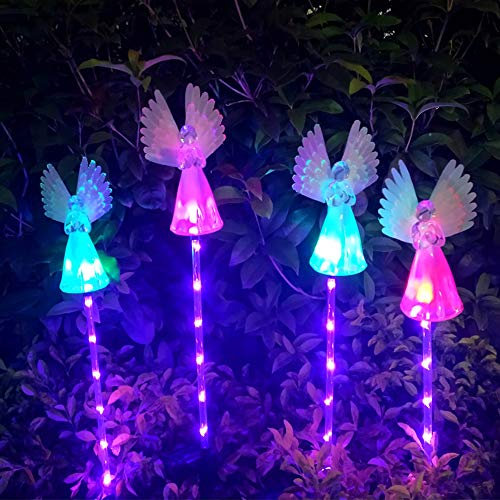4Pcs Solar Angel Light Outdoor Garden Waterproof Solar Stake Lamp with Luminous Wings Lamps Multi-Color Changing LED Grave Lights Solar Powered Garden Ornaments for Garden Cemetery Sidewalk Yard Lawn