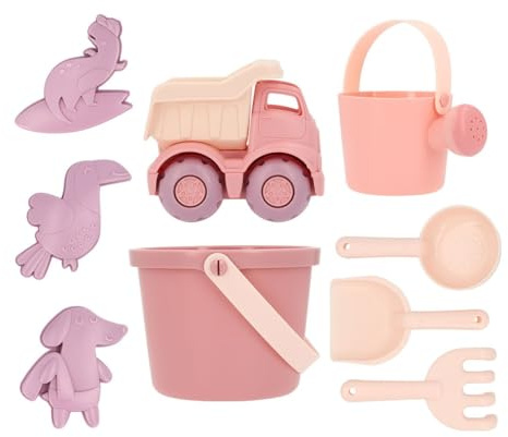 Monnëka Set di giocattoli da spiaggia | giocattoli di sabbia ecoesponsabili e sicuri da 6 mesi | kit con secchio, pale, rastrello, annaffiatoio e camion | facile da trasportare per spiaggia | Old Rose
