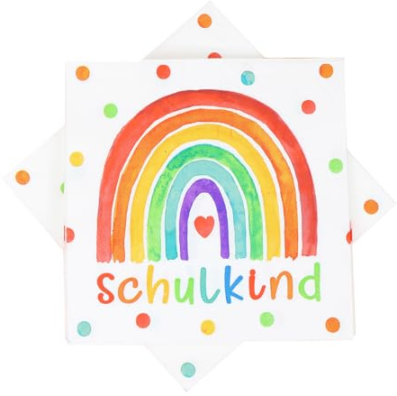HUKUMA 40 Stück Servietten Schulkind, Regenbogen Einschulungspapierservietten, 3-Lagig Schulanfang, Tischdekoration, 33 x 33 cm