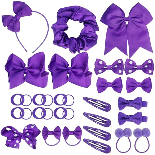 50Pcs Girls School Hair Accessories Kit Purple Bow Hair Clips Headband Ponytail Holder Bow Barrettes for Girl Teen Toddler Birthday Gift