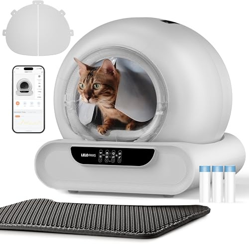 LELO PAWS Selbstreinigende Katzentoilette, 74L Katzenklo Selbstreinigend mit Türvorhang, Müllbeutel, Matte, APP Steuerung, Desodorieren, Sicher, Elektrisches Katzenklo XXL für Mehrere Katzen, Gray