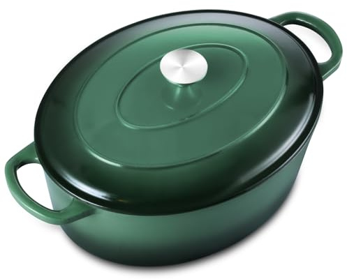 5QT Oval Dutch Oven Pot with Lid, Leonyo 5 Quart Enameled Oval Cast Iron Dutch Oven for Sourdough Bread Breaking, Heavy Duty Cookware for Braising, Stews, Roasting, Emerald