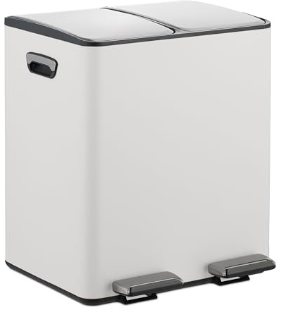 Relaxdays Cubo Basura Doble, 2 Compartimentos 15 litros c/u, Botes Interiores Extraíbles, Pedal, Cocina, Blanco/Plateado