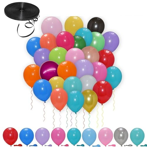 Godfather Balloons Air Filling Plain Balloons For Birthday Wedding Or Party Decorations With 10 Meter Ribbon Send Randomly (Multi Color, 5 Inches Pack Of 30)