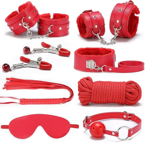 Sex Toys BDSM Bondage Set, 8-Piece Bondage Gear and Accessories with Handcuffs for Adult Women and Couples Red Set