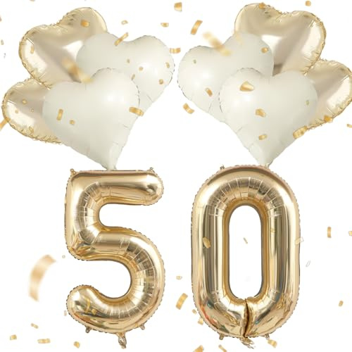 50er Ballon-Set Jubiläumsdeko, Goldene Hochzeit deko, Folienballon Zahl 50 Gold mit Herz Folienballon, Alufolie für Goldene Hochzeit, für Goldenehochzeit、50.Jubiläum、50.Geburtstag
