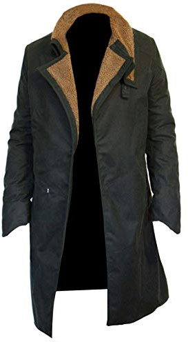 e Genius Men's Black Duster Coat - Leather Trench Coat Mens | Officer K 2049 Costume Jacket with Faux Fur Collar | Long Coat Men Vintage Style