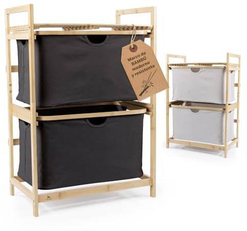 HENNEZ Badezimmerregal 2 Fächer | Bambusregal mit Ablage und 2 Körben | Badregal mit Schubladenboxen | Standregal – ideal als Kommode & Wäschesammler | Wäschesortierer mit Stoff Schubladen | Holzregal