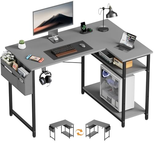 SOLAVERO Escritorio Esquinero 110 x 80 cm, Mesa Gaming con Estante Reversible, Escritorio en L con Almacenamiento, Mesa Ordenador para Oficina en Casa, Estudio y Juegos, Gris