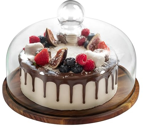 Relaxdays Supporto per Dolci, Coperchio in Vetro, HD: 16x28 cm, Campana per Formaggio in Legno di Acacia