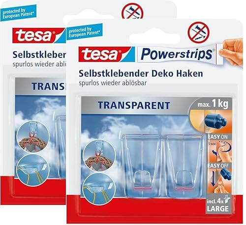 tesa Klebehaken für transparente Oberflächen und Glas (1 kg) - Durchsichtige, selbstklebende Haken - Bis zu 1 kg Halteleistung pro Haken (4x 1kg / Glas & Spiegel)