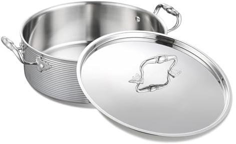 DELARLO Tri-Ply Stainless 7QT Braiser Pan With Steel Lid,Induction Saute pan Cooking Pot,Jumbo Cooker Deep Frying Pan 12 Inch,Dishwasher and Oven Safe,Compatible With All Cooktops Up to 650℉