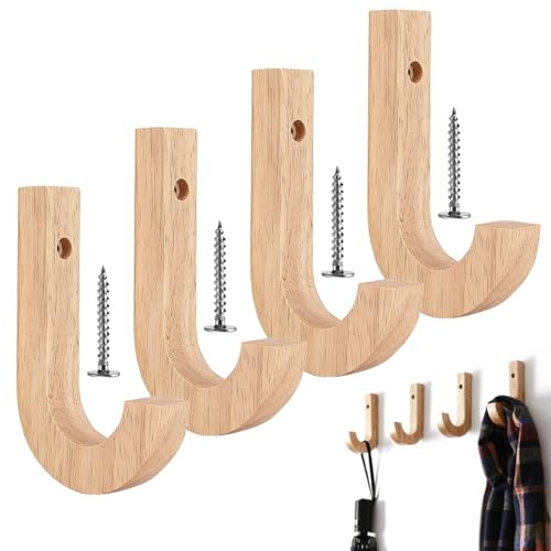 4 Piezas Ganchos de Pared de Madera,12,5x8x2 cm Perchero Pared Madera | Incluye Tornillos y Tacos,,Acabado en Maderas Natural,Percheros Pareds Individuales,Perchero Pareds para Salones,Dormitorios