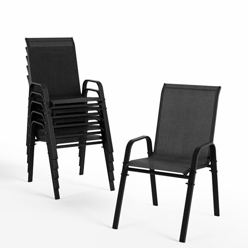ALAULM Hochlehner Gartenstühle 6er Set Stapelbar, Wetterfeste Terrassenstühle mit Armlehnen, Atmungsaktives Textilene & Stahlgestell für Garten, Balkon, Terrasse, Poolbereich (Schwarz)