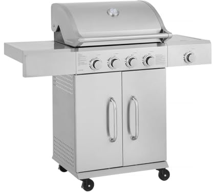 Barbacoa de gas de acero inoxidable con 5 quemadores incluyendo 1 quemador lateral Brazzo - 118 x 57 x 104 cm - Gris claro