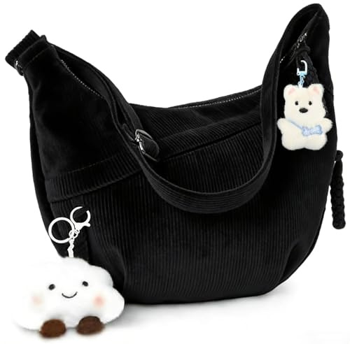 Umhängetasche Damen, Crossbody Bag Damen, Moon Bag Damen, Cord, Verstellbare Schultergurte, Mit 2 Puppenanhängern, Großes Fassungsvermögen, Lässig, Geeignet Für Arbeit, Reisen, Schule (Schwarz)