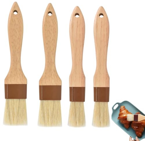 4 Stück Backpinsel Naturborsten, Küchenpinsel Set mit Silikonpinsel für Backen und Grillen, Ideal zum Auftragen von Saucen, Butter und Öl, 20 cm und 20,5 cm Länge