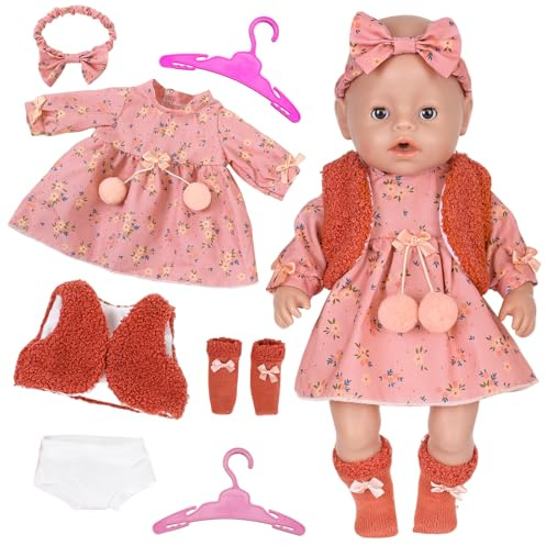 7 Stück Puppenkleidung für 14-17 Zoll, Baby Puppen Süß & Niedlich Puppenkleider für 35-43 cm mit Rosa Blumenmuster Kleid Weste Stirnband Socken Unterhose Baby Kleidung Puppen Outfits für Kinder