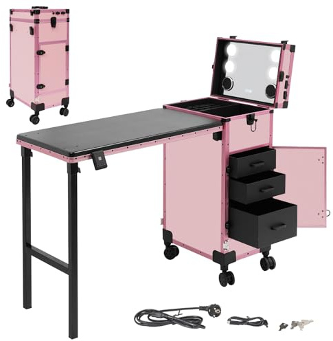 Sminkväska för sminkbord, hopfällbart manikyrbord med 3 lådor, LED-spegel och nyckel, multifunktionell väska med 4 hjul, upp till 50 kg (rosa)