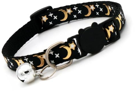 Cat Collar with Bell, Safety Cat Collars Quick Release, Night Theme with Moon & Stars for Cats & Kittens - Comfortable Fit(Black)