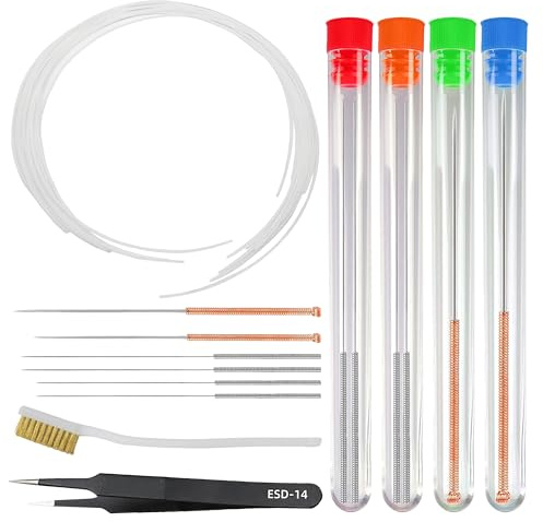 Kit de nettoyage de buses pour imprimante 3D - 10 filaments de nettoyage de 40 cm pour imprimante 3D, 6 aiguilles de nettoyage de buse (0,15 mm, 0,35 mm, 0,5 mm, 0,6 mm), brosse en fil de laiton et