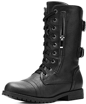 DREAM PAIRS Women's Terran Black Mid Calf Built-in Wallet Pocket Lace up Military Combat Boots Size 7.5 US/ 5.5 UK
