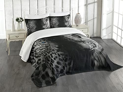 ABAKUHAUS Schwarz und weiß Tagesdecke Set, Wilde Leoparden, Set mit Kissenbezügen Sommerdecke, für Einzelbetten 170 x 220 cm,Weiß Schwarz Blau