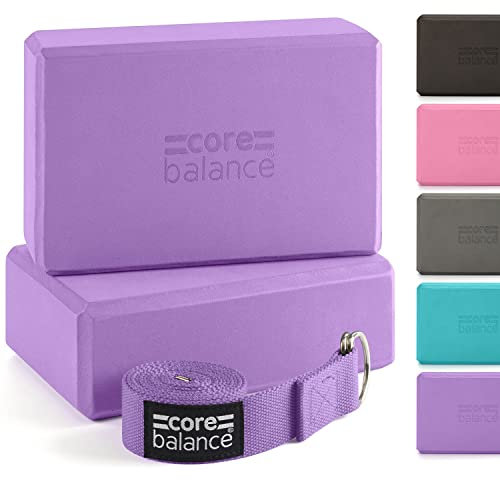 Core Balance Yoga Blocks im Doppelpack & GRATIS Yoga-Gurt, 2 Stk. EVA Schaumstoff-Blöcke, robust & leicht, Riemen aus Baumwolle mit innovativem D-Ring Verschluss, ideal für Pilates, 5 versch. Farben