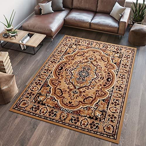 TAPISO Atlas Teppich Kurzflor Beige Braun Medaillon 300 x 400 cm | Wohnzimmer Klassisch Schlafzimmer Traditioneller Teppich für Wohnzimmer Esszimmer OEKO-TEX