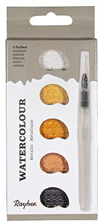 Rayher 38615616 Watercolour Metallic, 5 Goldtöne, inklusiv H2O Pinsel, hochwertige glänzende Metallic-Aquarellfarben, Wasserfarben
