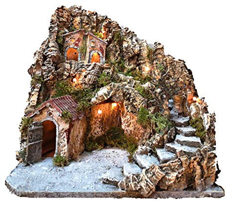 Presepe Completo Illuminato Natalizio con capanna e Grotta per statuine Artigianali, 38x38x38 cm