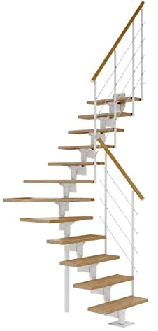 DOLLE Boston Treppe mit Mittelholm, 228–300 cm, 70-cm-Stufen, ¼-gewendelt | Raumspartreppe innen, volle Eichenstufen lackiert, Einzelstabgeländer mit Holzhandlauf, Unterkonstruktion weiß