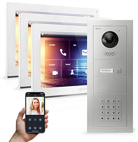 Goliath Hybrid | IP | Full-HD Video Türsprechanlage | App | 1-Fam | 3 x Full-Touchscreen 10 | Aluminium Unterputz Türstation | + Codeschloss | 180° Ultra-Weitwinkel | AV-IPS-558