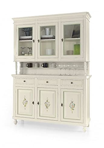 Mar.c.a. Design - Elegante Vitrine für Wohnzimmer, aus Pappelholz, Shabby Chic, Kristallglas, Farbe Weiß verziert, mit 3 Türen - Wohnzimmermöbel, Kunst Povera Made in Italy