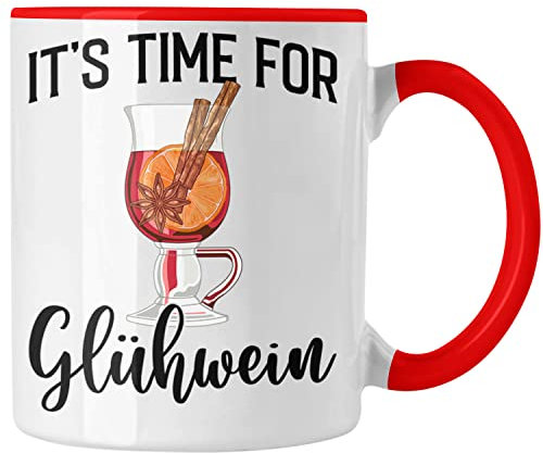 Trendation - Glühwein Tasse Lustig Spruch Glühweinbecher mit Henkel Doppelwandig Glühweintassen Gläser Weihnachtsmarkt Becher Tassen Geschenk - It Time For Glühwien (Rot)